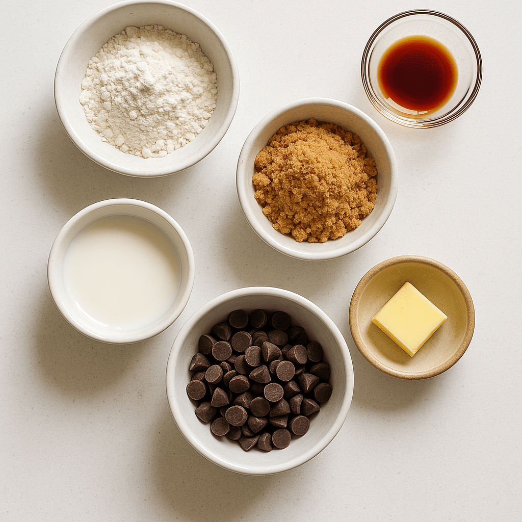 Ingredients for making a cookie dough mug cake on a white countertop