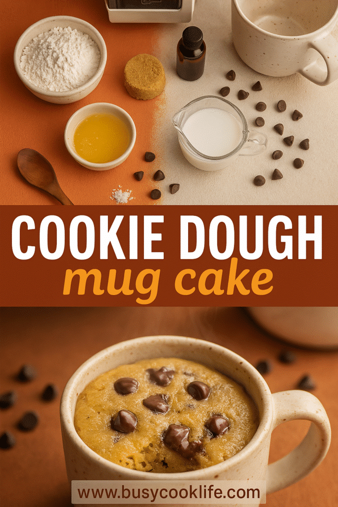Overhead Pinterest image of cookie dough mug cake with ingredients and finished dessert branded for www.busycooklife.com