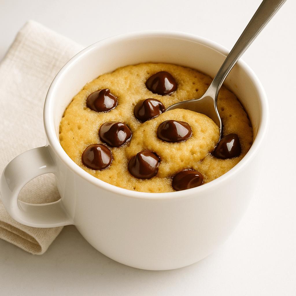 Gooey cookie dough mug cake freshly microwaved and ready to eat