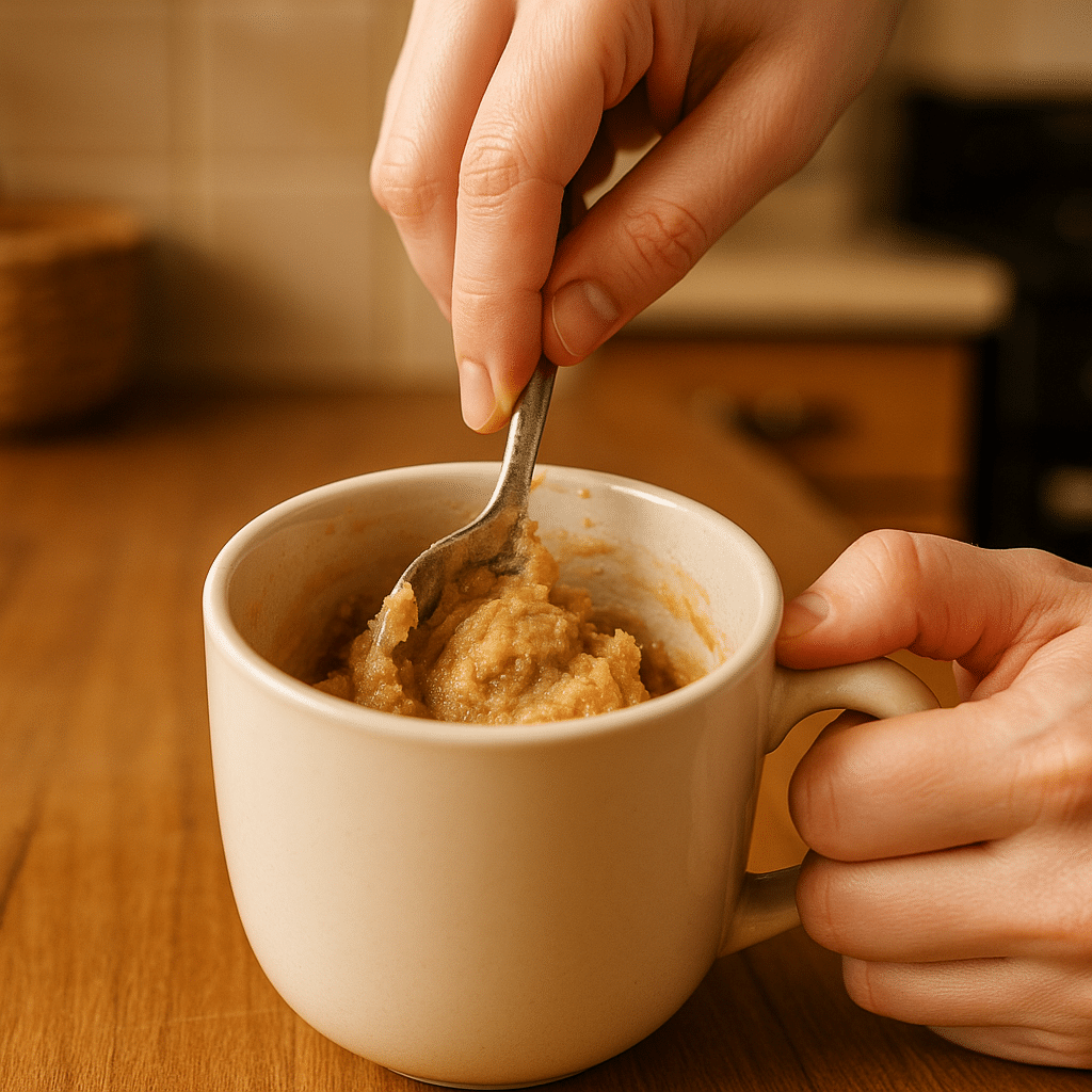 mixing no egg cookie in a mug dough