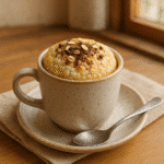 Cottage Cheese Mug Cake in a mug on wooden table
