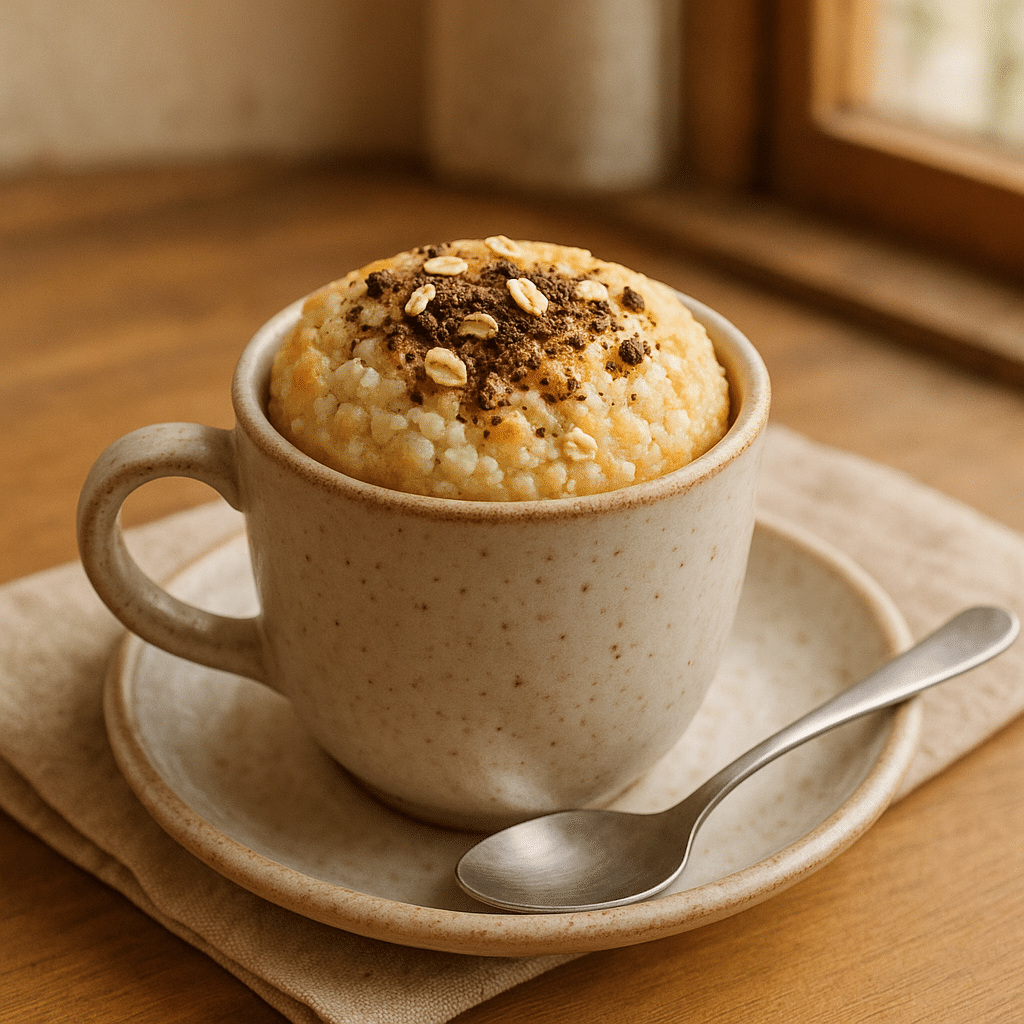Cottage Cheese Mug Cake in a mug on wooden table