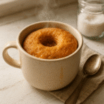 Doughnut mug cake freshly made in a ceramic mug on white surface