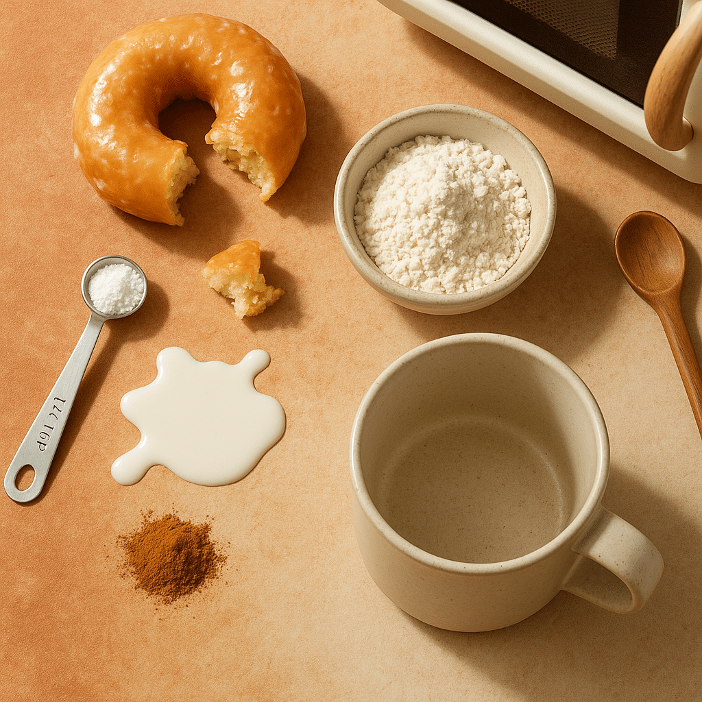 Ingredients for doughnut mug cake laid out on terracotta background