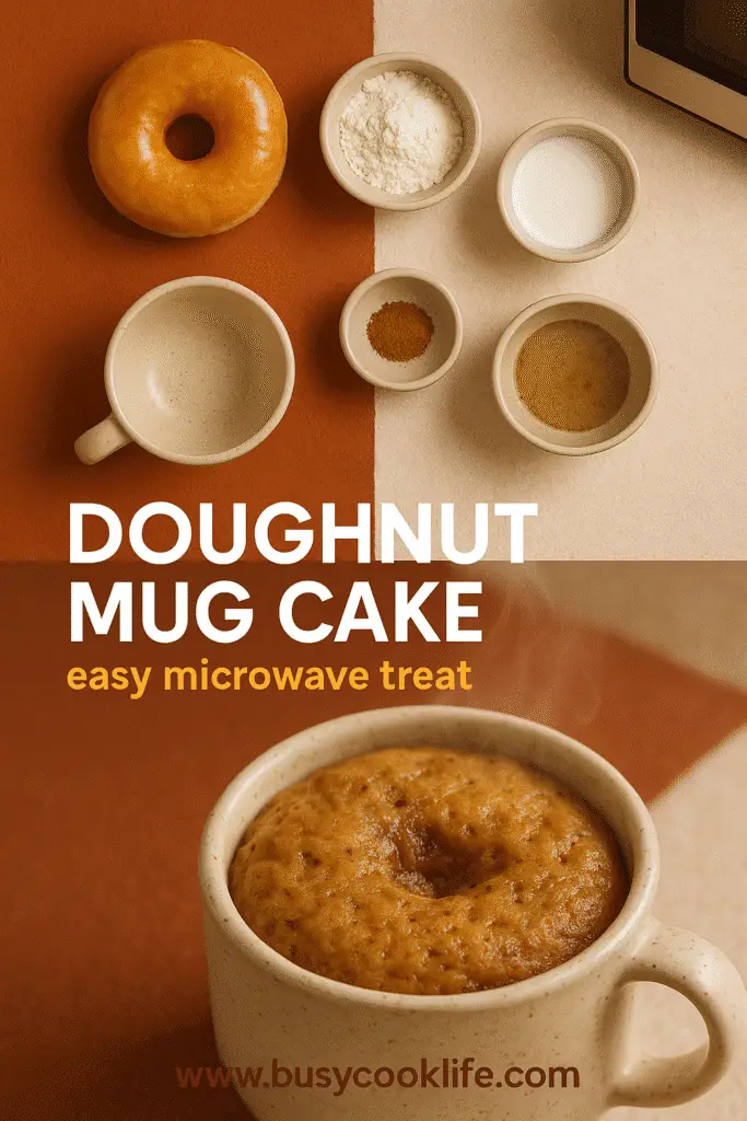 Doughnut mug cake Pinterest graphic with ingredients and final result