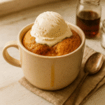 Served doughnut mug cake with vanilla ice cream in a cozy mug