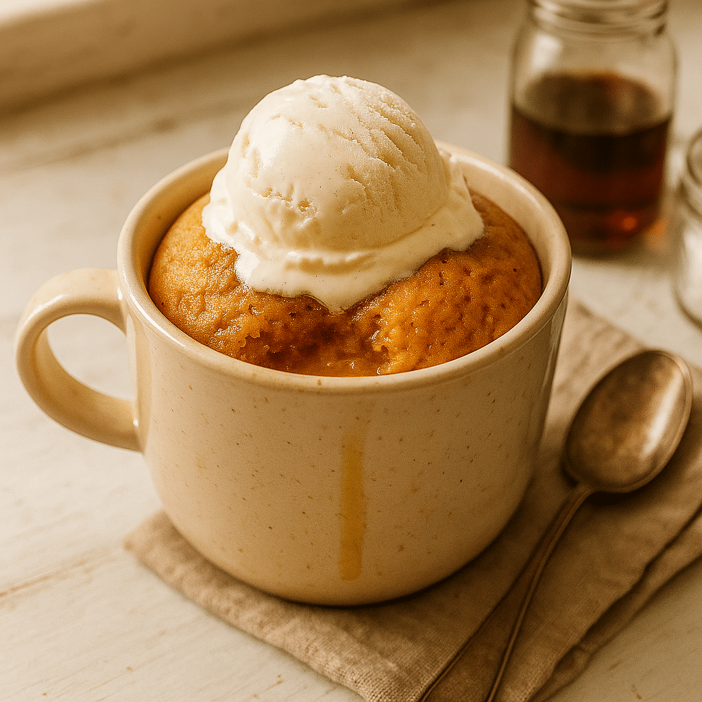 Served doughnut mug cake with vanilla ice cream in a cozy mug