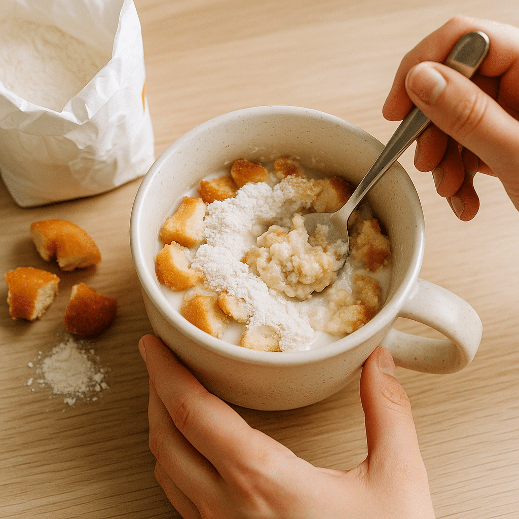 Mixing ingredients for doughnut mug cake in a ceramic mug