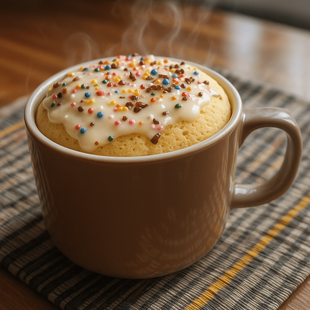 Egg free mug cake recipe served warm in a ceramic mug