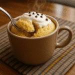 Served egg free mug cake with whipped cream