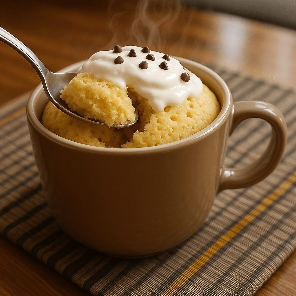 Served egg free mug cake with whipped cream