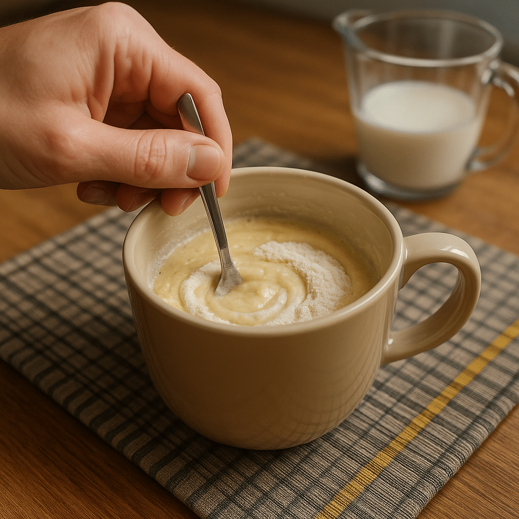 Mixing egg free mug cake ingredients in a mug