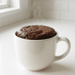 Flourless chocolate mug cake in a white mug on kitchen counter