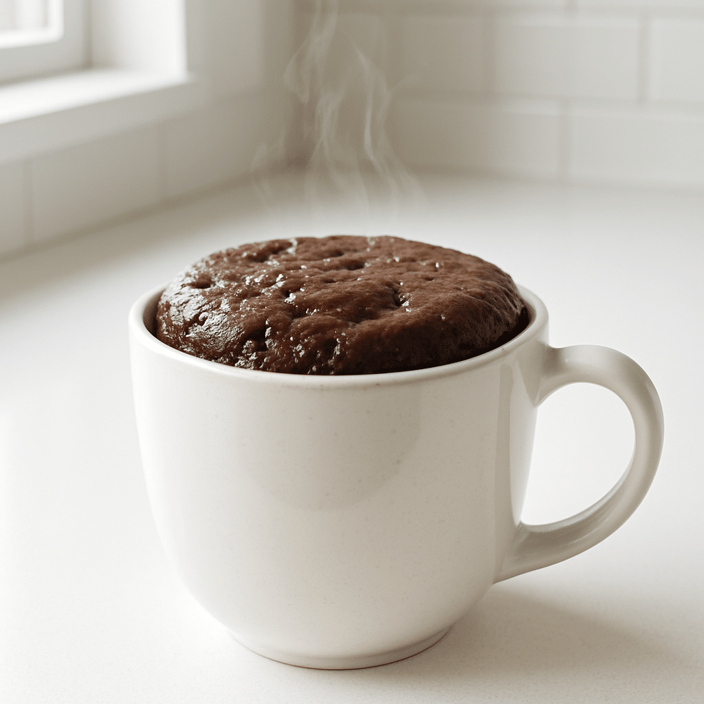 Flourless chocolate mug cake in a white mug on kitchen counter