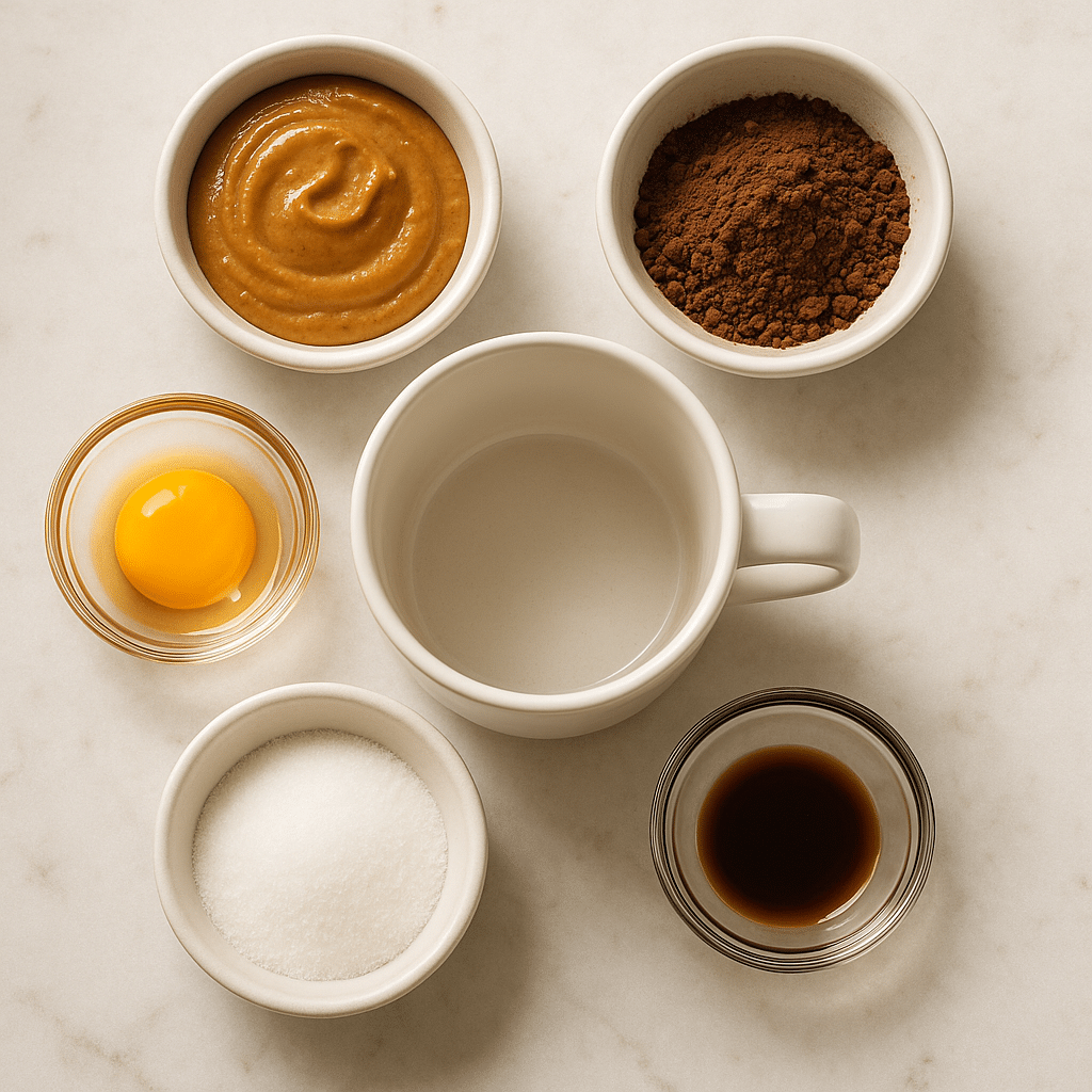 Ingredients for flourless mug cake in prep bowls
