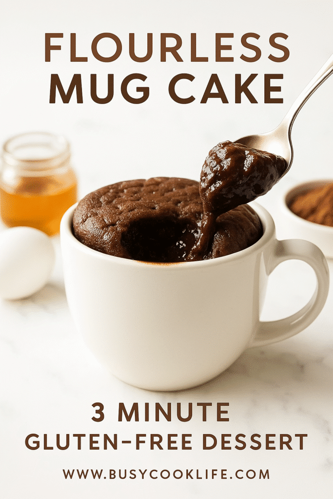 Pinterest image of flourless mug cake with Busy Cook Life overlay