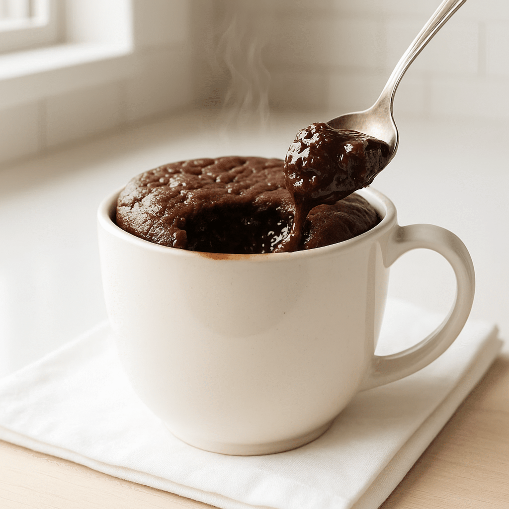 Served flourless mug cake with melted center