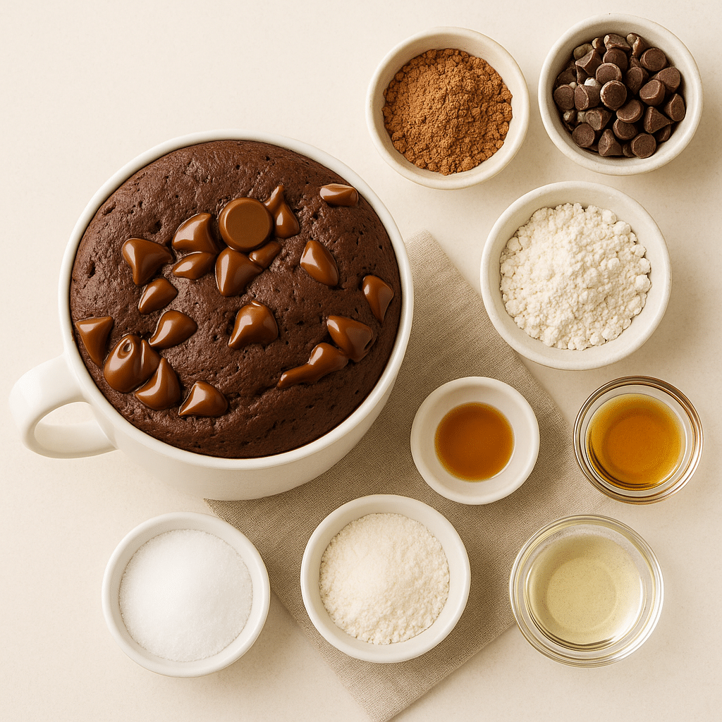 gluten-free mug cake ingredients arranged in bowls