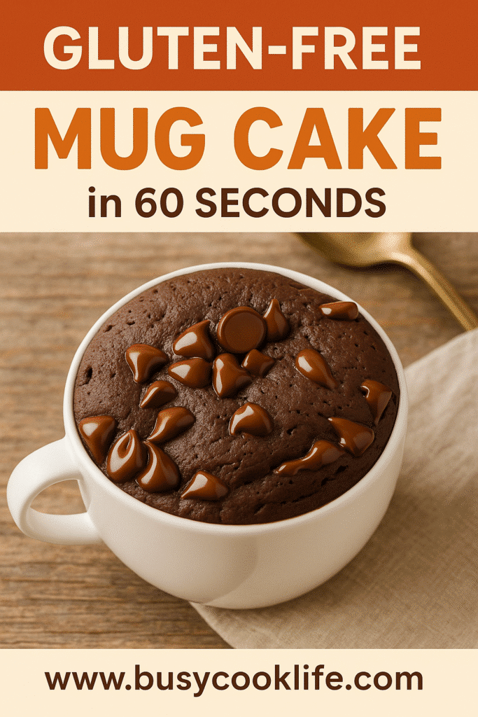 Gluten-free mug cake Pinterest graphic with bold 60-second message and website link www.busycooklife.com