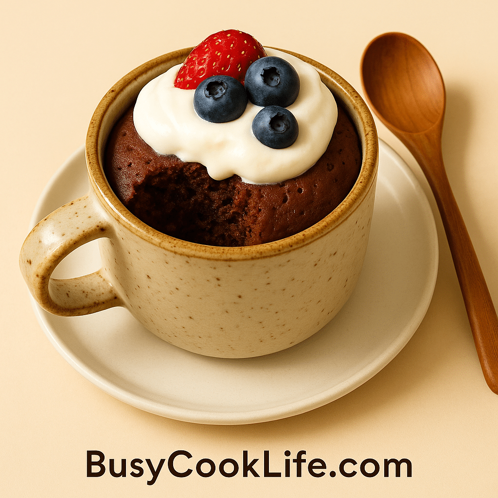 Served gluten free mug cake with toppings