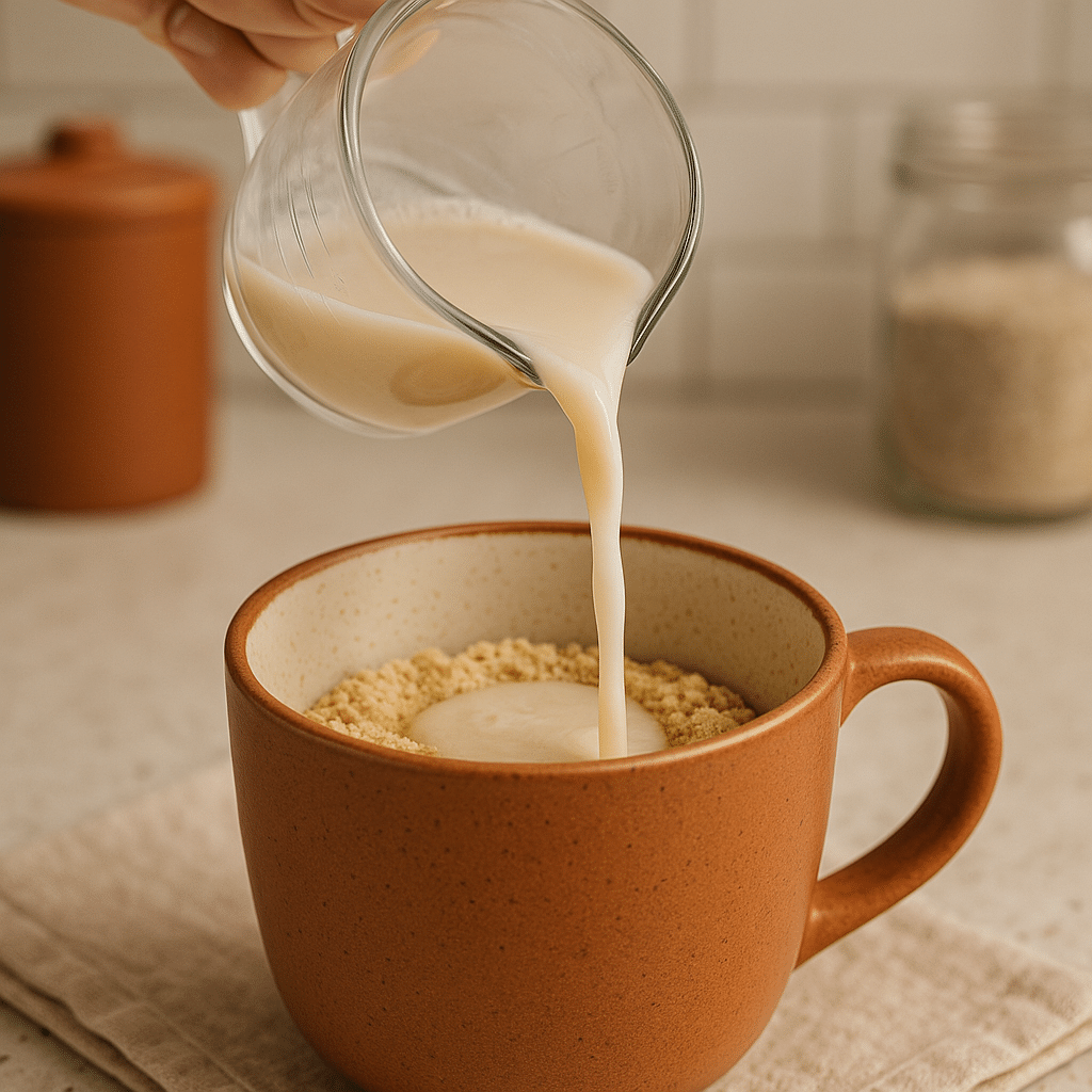 Adding wet ingredients to healthy mug cake recipes batter