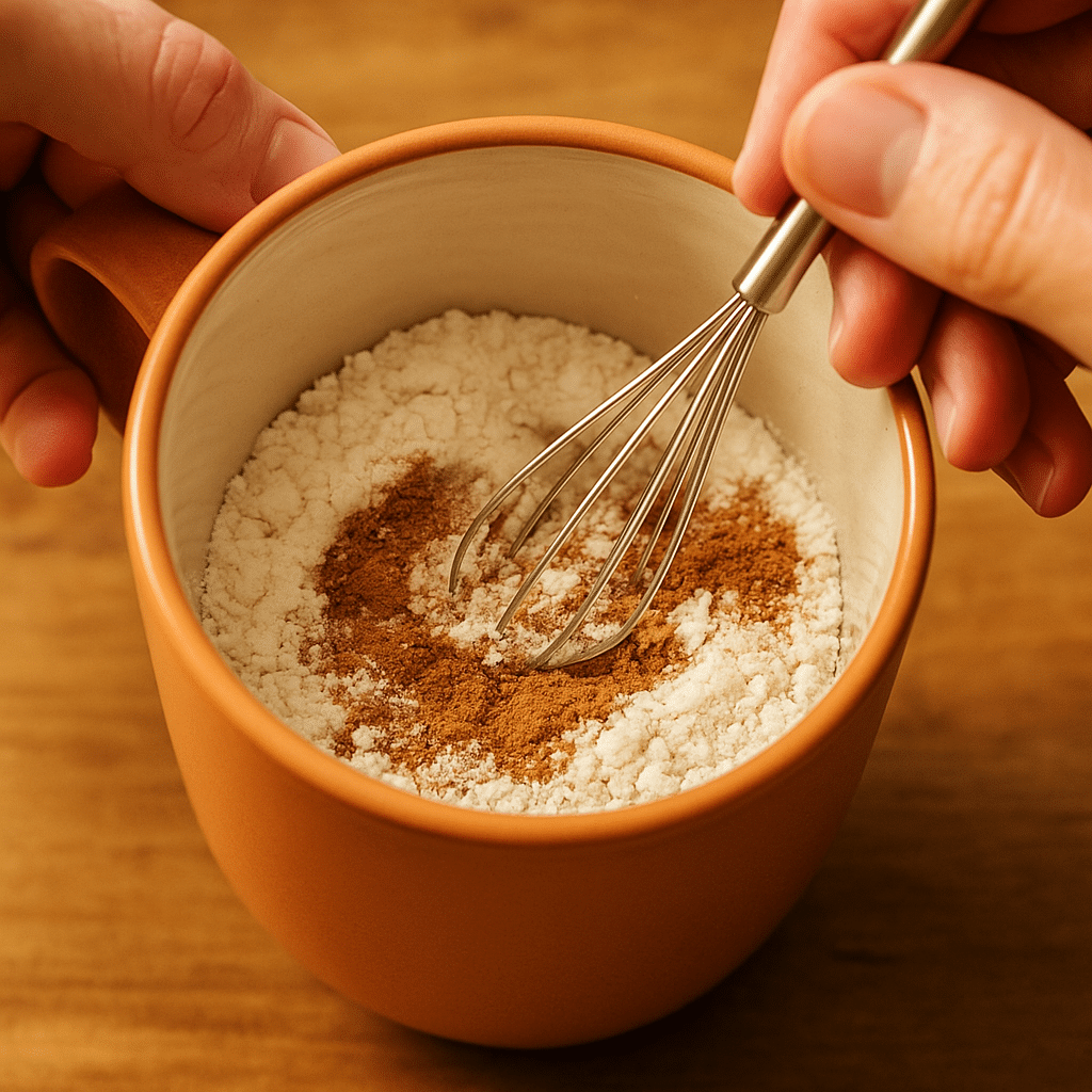 Mixing dry ingredients for healthy mug cake recipes step by step