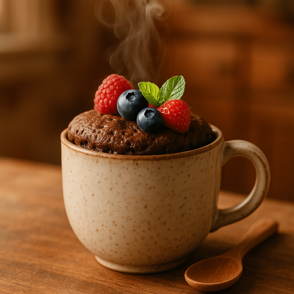 Healthy mug cake recipes featuring chocolate mug cake with berries