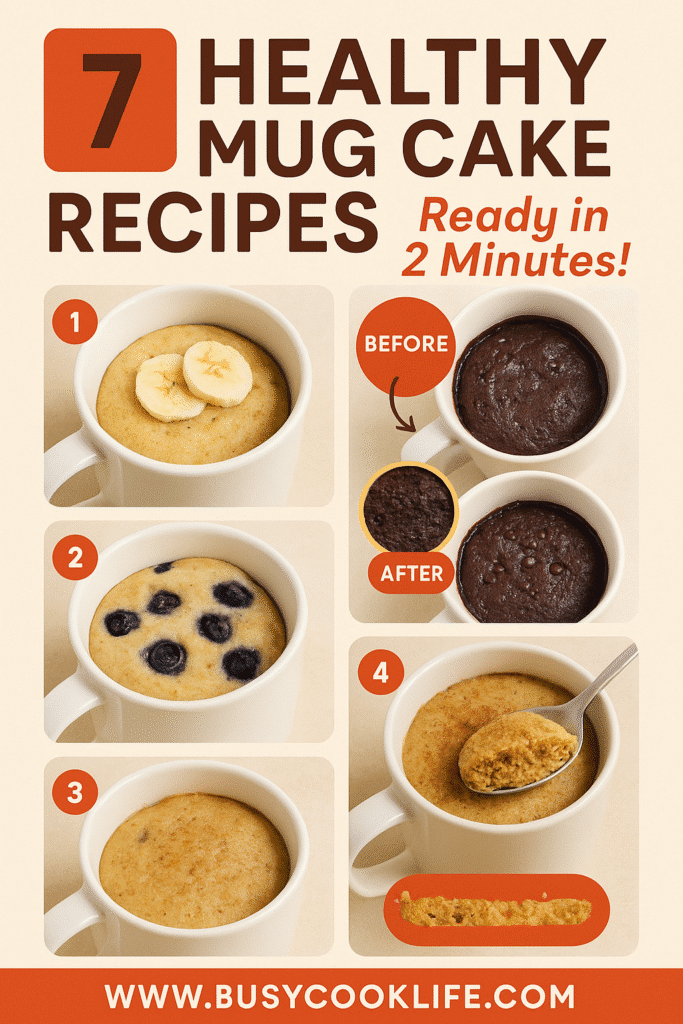 Pinterest pin for 7 healthy mug cake recipes from busycooklife.com