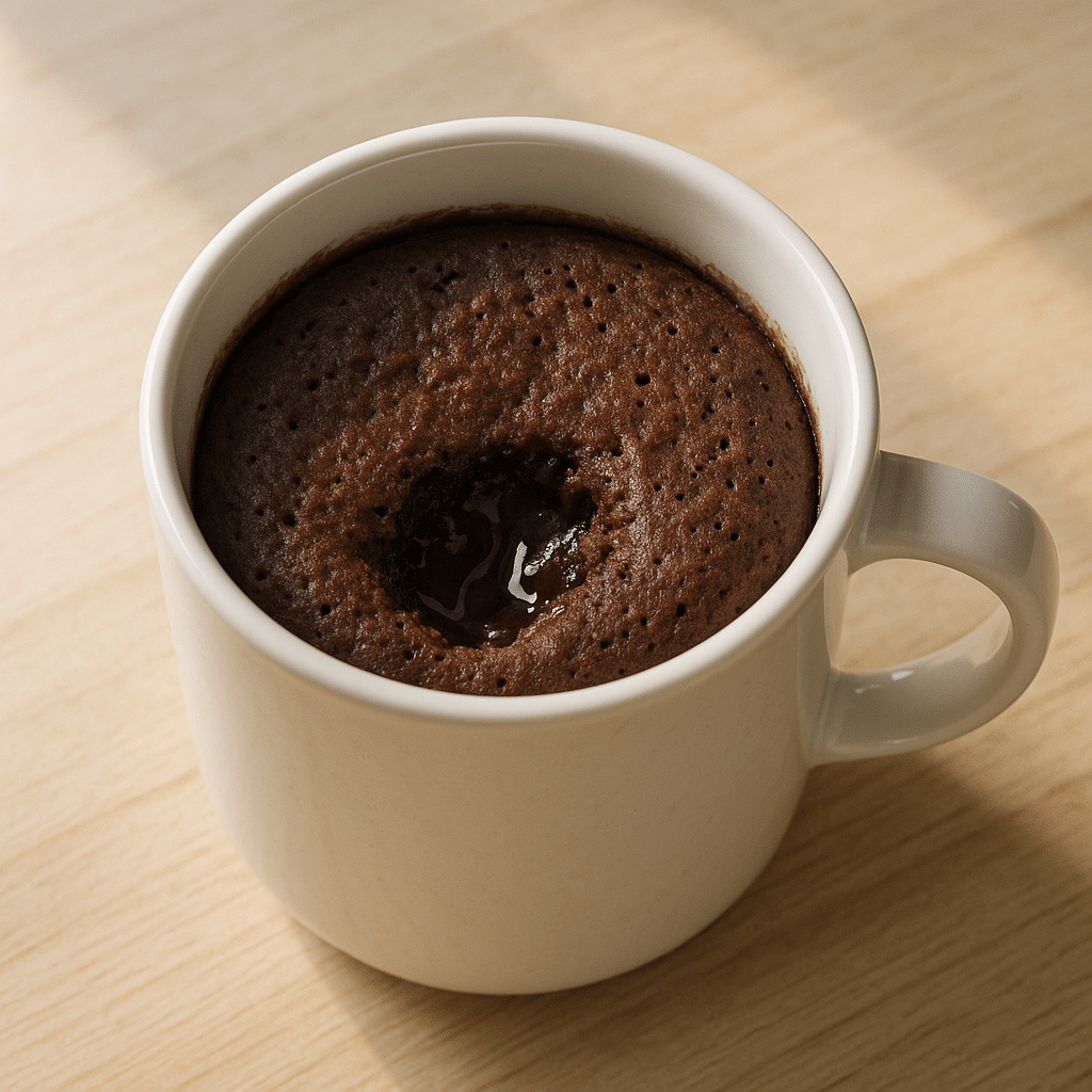 Keto mug cake in white mug on light wood counter
