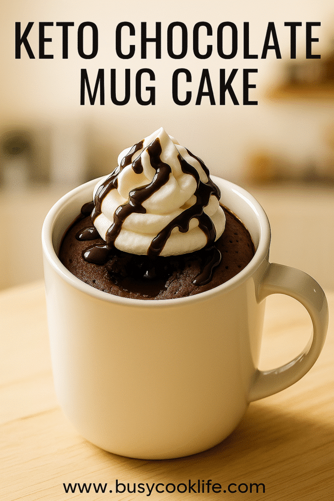 Keto mug cake Pinterest image with BusyCookLife.com branding