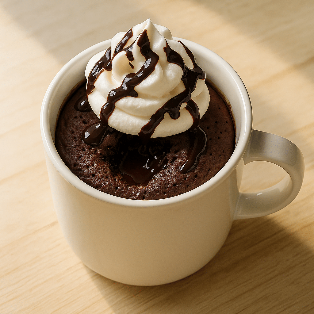 Keto mug cake served with whipped cream and chocolate drizzle
