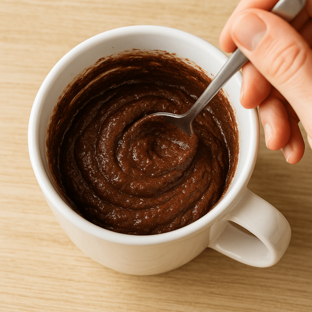 Stirring keto mug cake batter in white mug