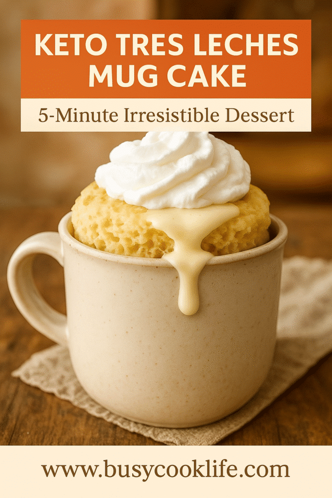 Pinterest graphic for 5-minute keto tres leches mug cake recipe