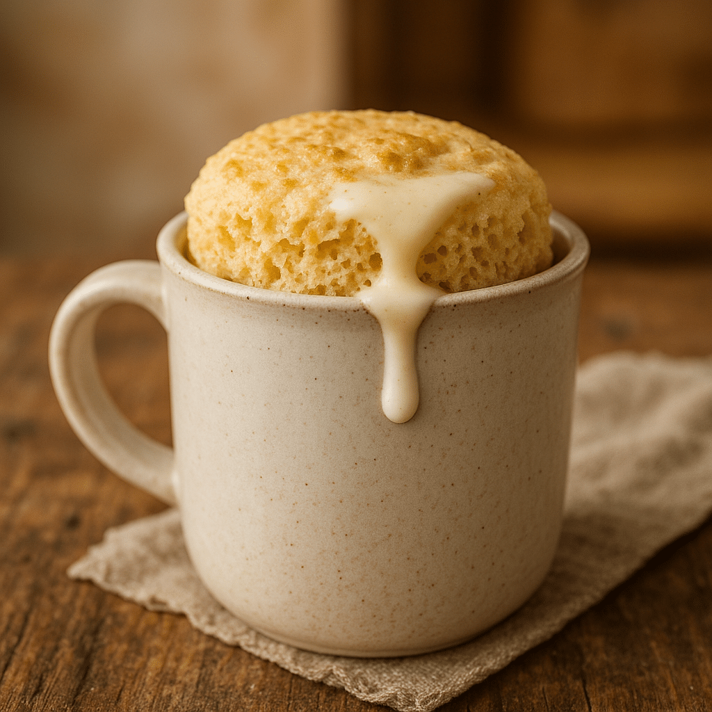 Keto tres leches mug cake recipe served in a ceramic mug