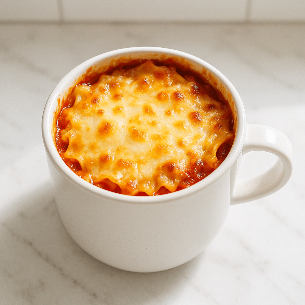 lasagna in a mug ready to eat