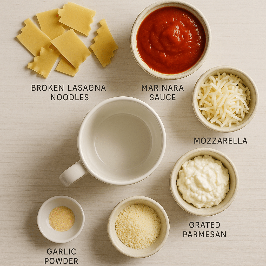 lasagna in a mug ingredients flat lay
