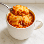 lasagna in a mug being served
