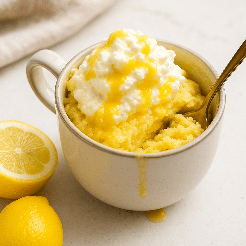 Lemon mug cake served fresh in a mug with lemon slices