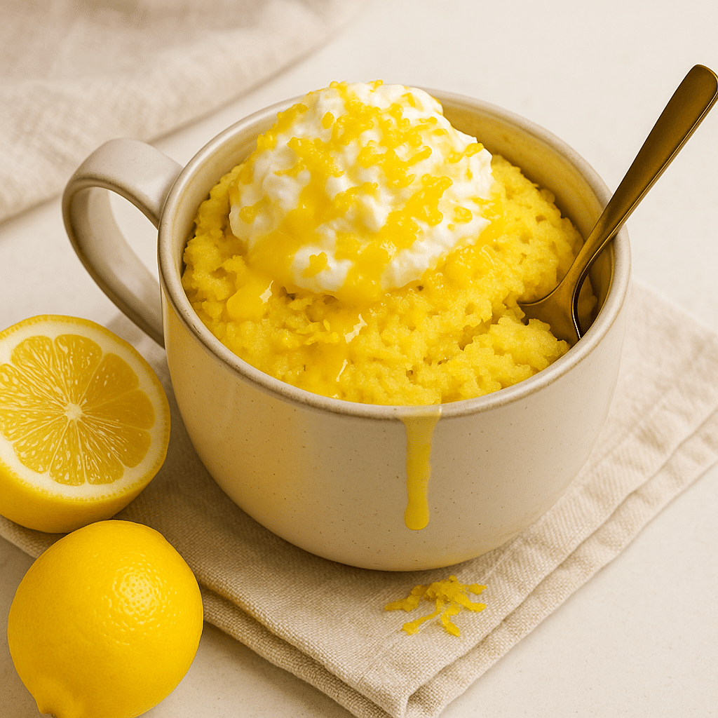 Finished lemon mug cake with glaze and zest