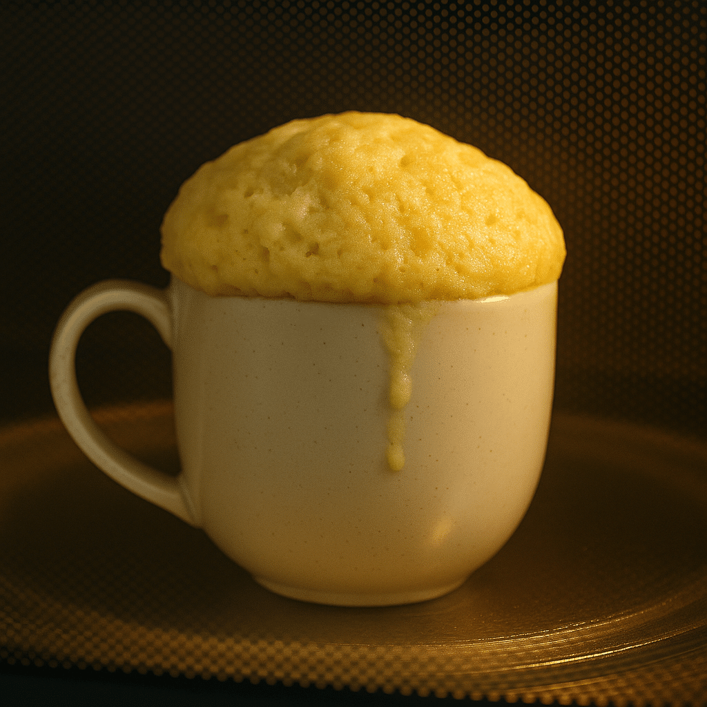 Lemon mug cake cooking inside a microwave