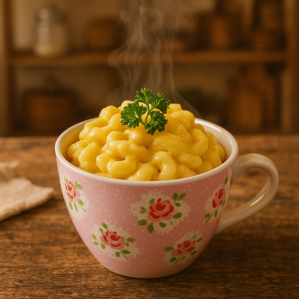 Mac and cheese in a mug with steam rising