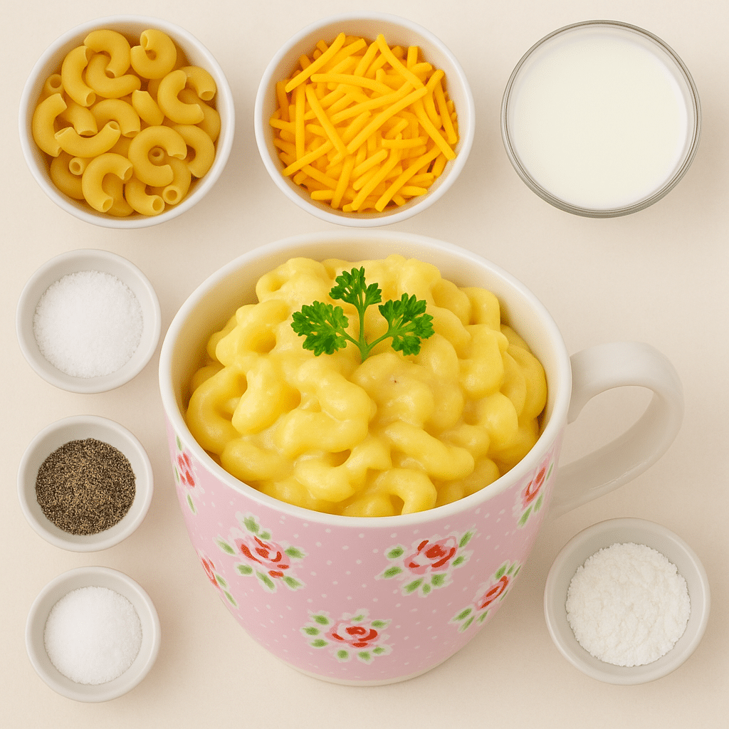 Ingredients for mac and cheese in a mug