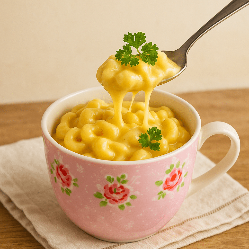 Cheese pull from mac and cheese in a mug
