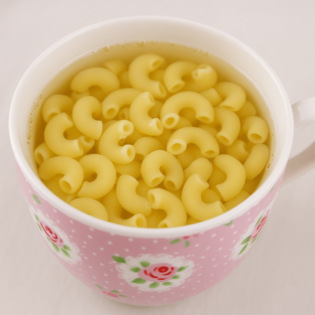 Uncooked macaroni in water inside a mug
