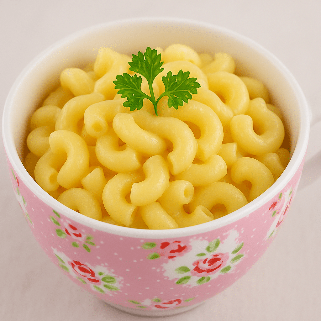 Cooked elbow pasta in a mug