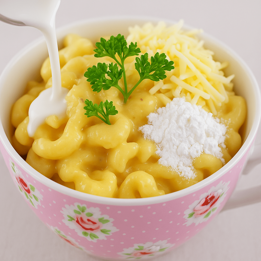 Cheese, milk, and cornstarch added to macaroni in mug