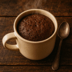 Magic Mug Cake freshly cooked in a ceramic mug with steam rising