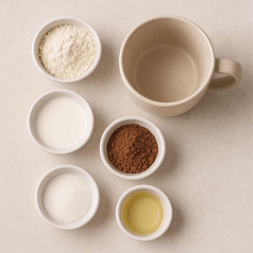 Magic Mug Cake ingredients measured in bowls next to a mug
