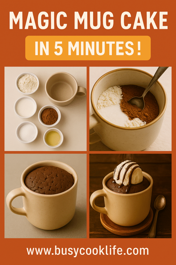 Step-by-step visual of making Magic Mug Cake with website link