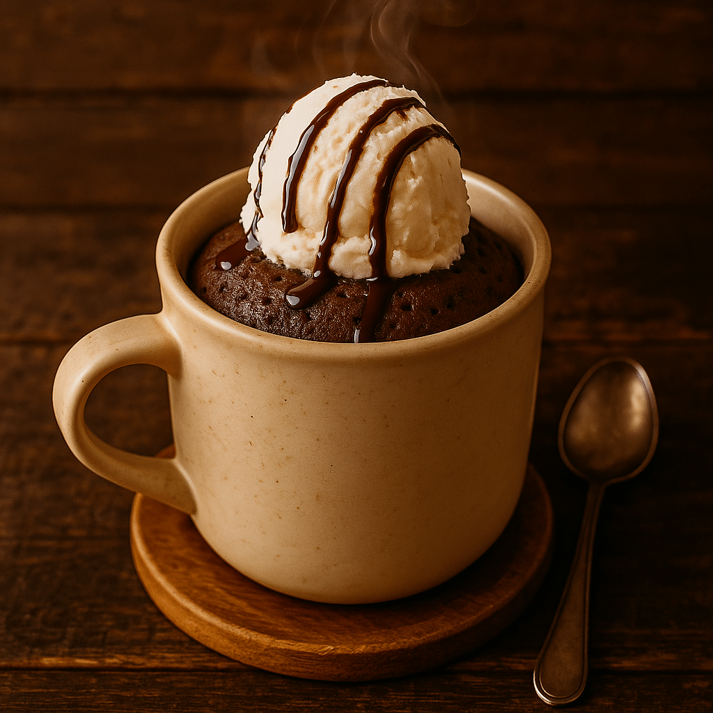 Magic Mug Cake topped with ice cream and chocolate drizzle